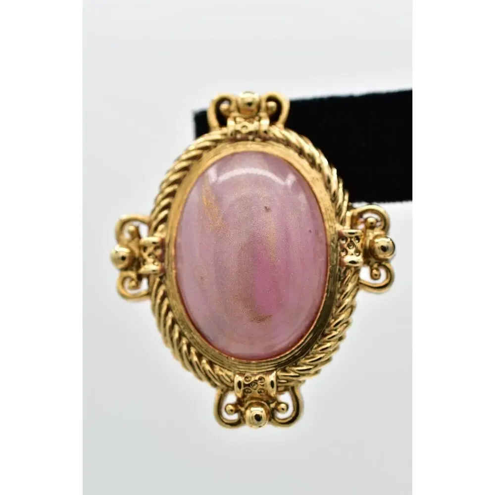 1928 Vintage Cabochon Clip On Earrings Mauve Oval Gold Heavy Chunky 1980s BinBB